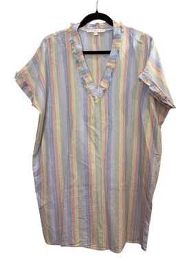 Karlie Women’s Pastel Linen Cotton Blend Multi-Stripe Eyelash Trim V-Neck sz M